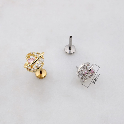 Threadless Push In Pink CZ Crystal Heart Planet Flat Back Stud - 316L Stainless Steel