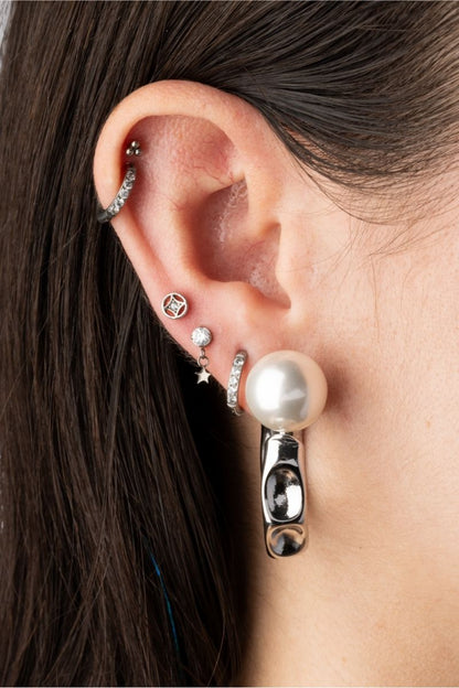 C-Shaped Simulated Pearl Ball End Hammered Hoop Earrings - Pair - 304 Stainless Steel