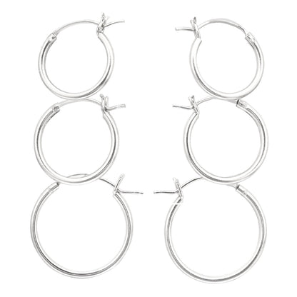 Set of 3 Pairs of Thin French Lock Hoop Earrings - 925 Sterling Silver