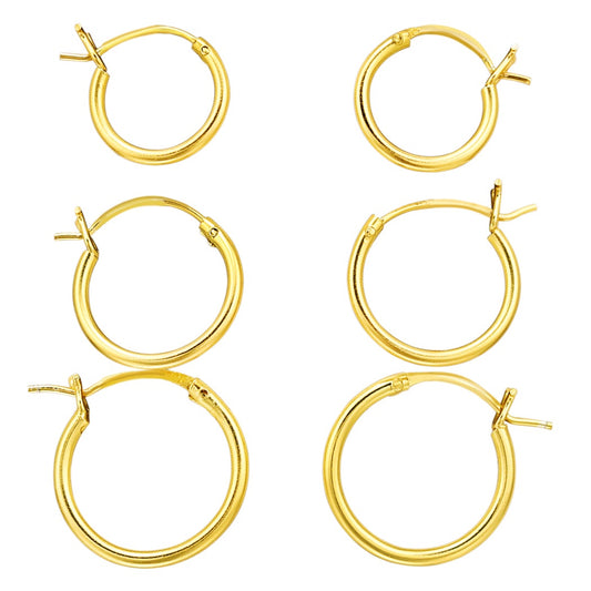 Set of 3 Pairs of Thin French Lock Hoop Earrings - Gold Plated 925 Sterling Silver