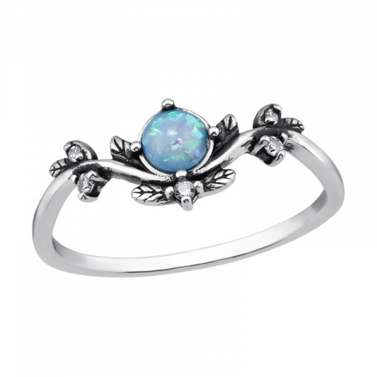 Blue Synthetic Opal and CZ Crystal Vine Ring - Oxidized 925 Sterling Silver