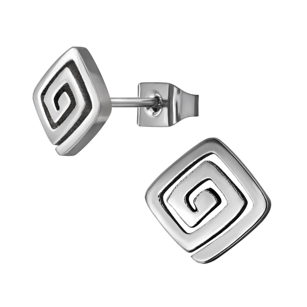 Spiral Square Stud Earrings - Pair - Titanium