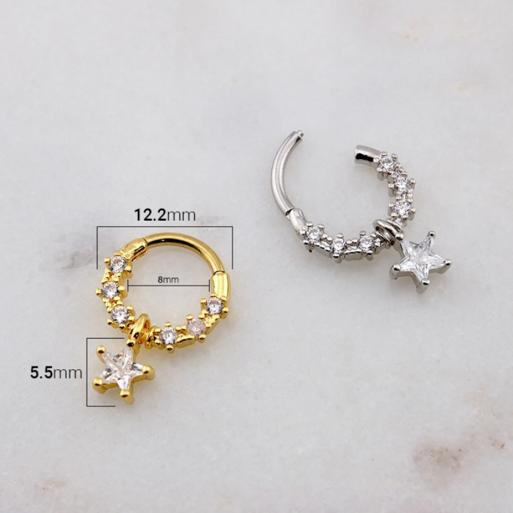 CZ Crystal Dangling Star Center Hinged Segment Clicker Ring - 316L Stainless Steel