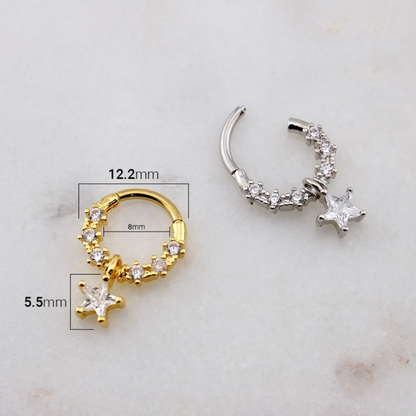 CZ Crystal Dangling Star Center Hinged Segment Clicker Ring - 316L Stainless Steel