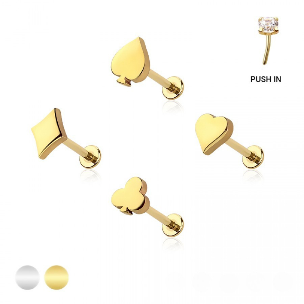 Threadless Push-In Poker Card Suit Top Flat Back Stud - 316L Stainless Steel
