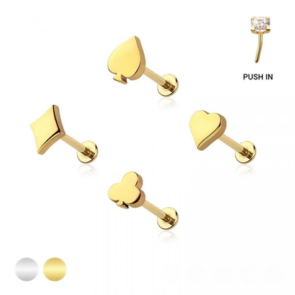 Threadless Push-In Poker Card Suit Top Flat Back Stud - 316L Stainless Steel