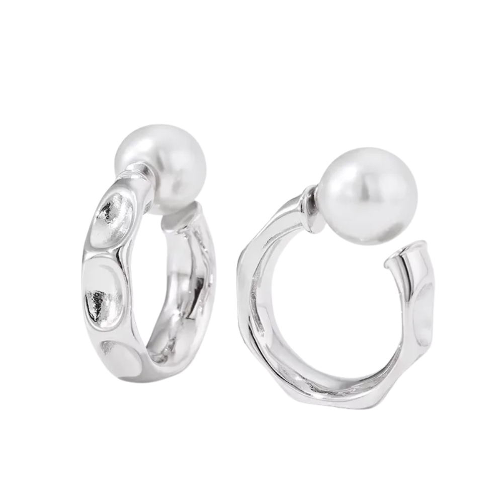 C-Shaped Simulated Pearl Ball End Hammered Hoop Earrings - Pair - 304 Stainless Steel