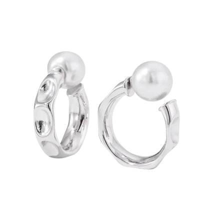 C-Shaped Simulated Pearl Ball End Hammered Hoop Earrings - Pair - 304 Stainless Steel
