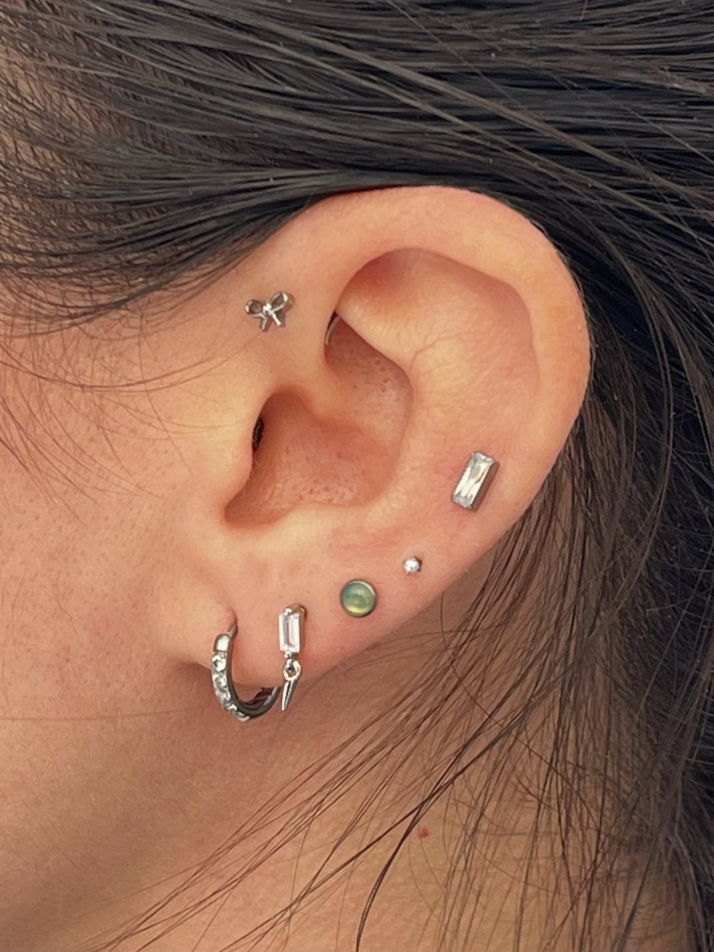 Threadless Push In CZ Crystal Baguette with Dangling Spike Flat Back Stud - 316L Stainless Steel