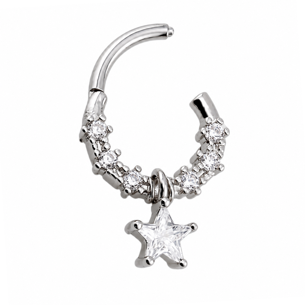 CZ Crystal Dangling Star Center Hinged Segment Clicker Ring - 316L Stainless Steel