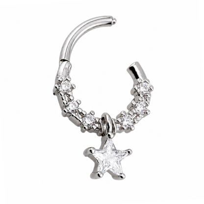 CZ Crystal Dangling Star Center Hinged Segment Clicker Ring - 316L Stainless Steel