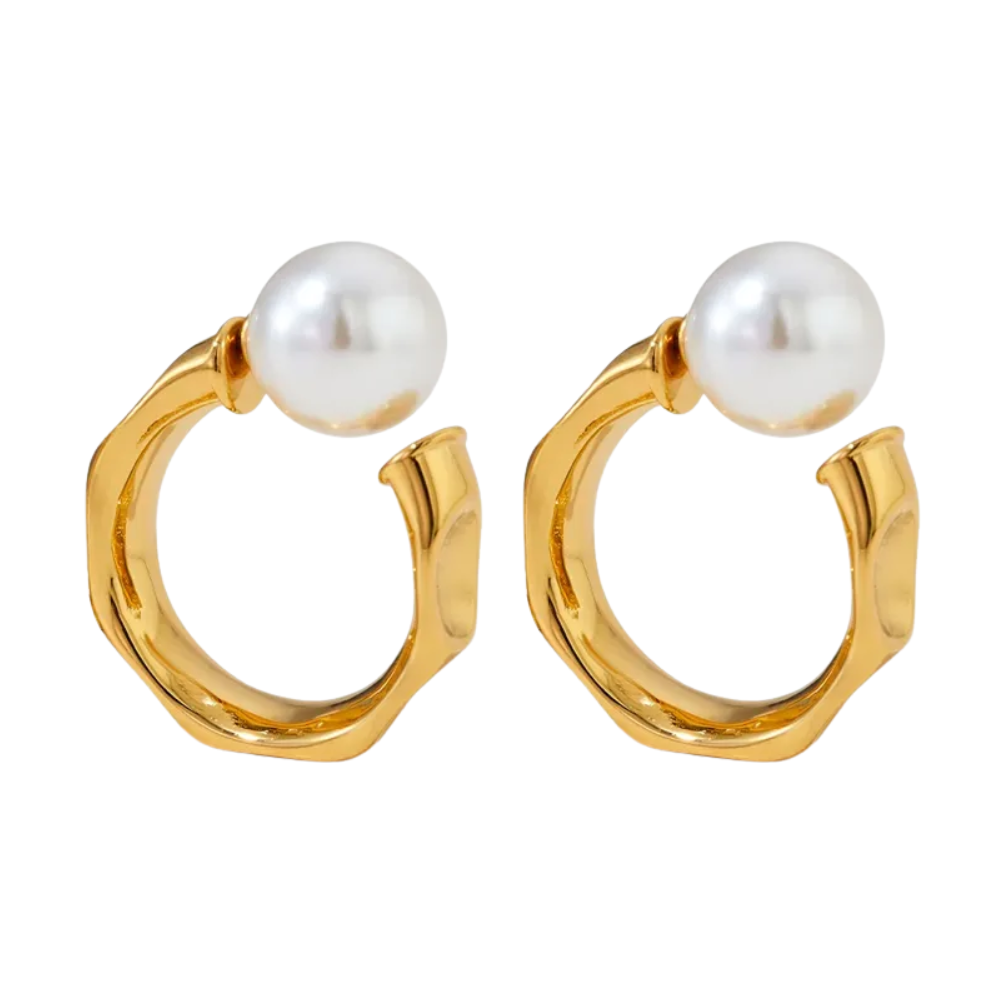 C-Shaped Simulated Pearl Ball End Hammered Hoop Earrings - Pair - 304 Stainless Steel