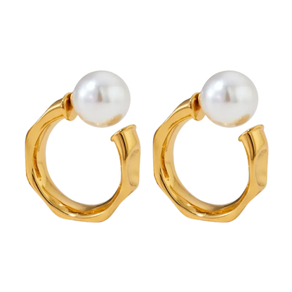 C-Shaped Simulated Pearl Ball End Hammered Hoop Earrings - Pair - 304 Stainless Steel
