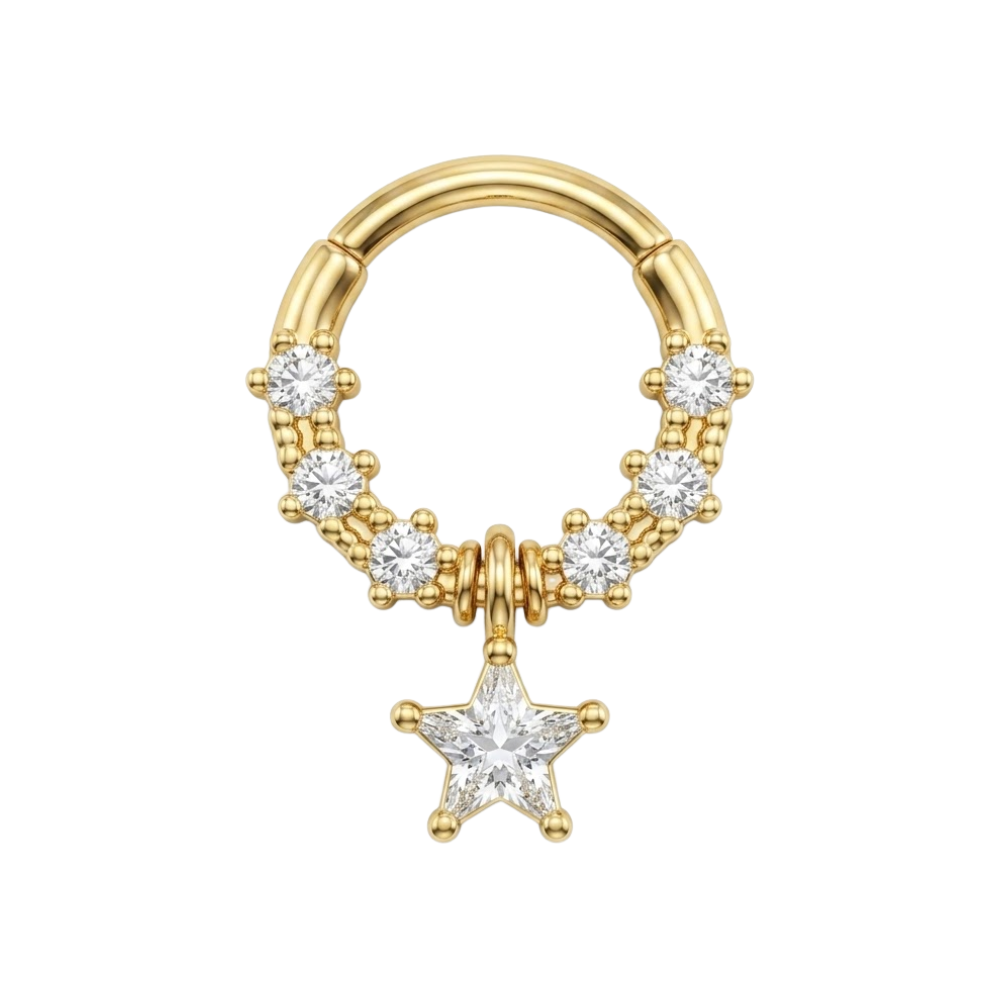 CZ Crystal Dangling Star Center Hinged Segment Clicker Ring - 316L Stainless Steel