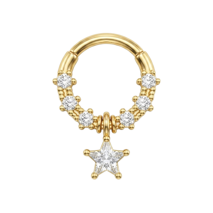 CZ Crystal Dangling Star Center Hinged Segment Clicker Ring - 316L Stainless Steel