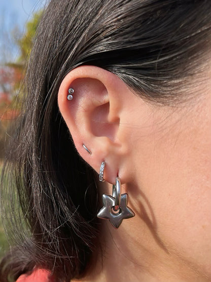 Puffy Star Huggie Hoop Earrings - Pair - Stainless Steel