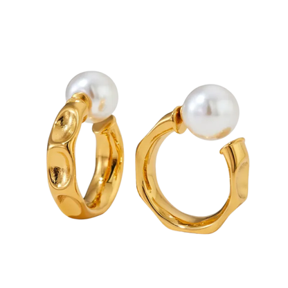 C-Shaped Simulated Pearl Ball End Hammered Hoop Earrings - Pair - 304 Stainless Steel