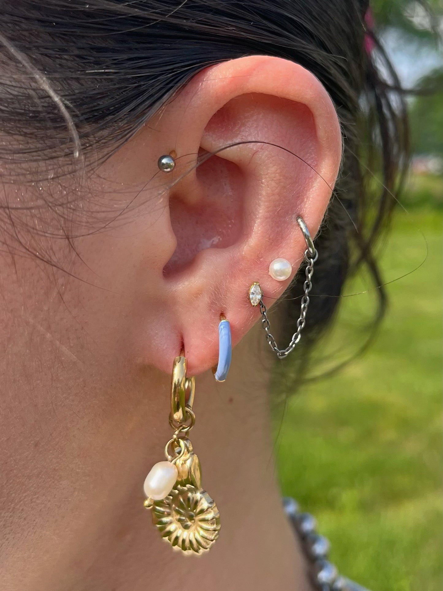 Spiral Shell with Faux Pearl Dangling Huggie Hoop Earrings - Pair - Stainless Steel