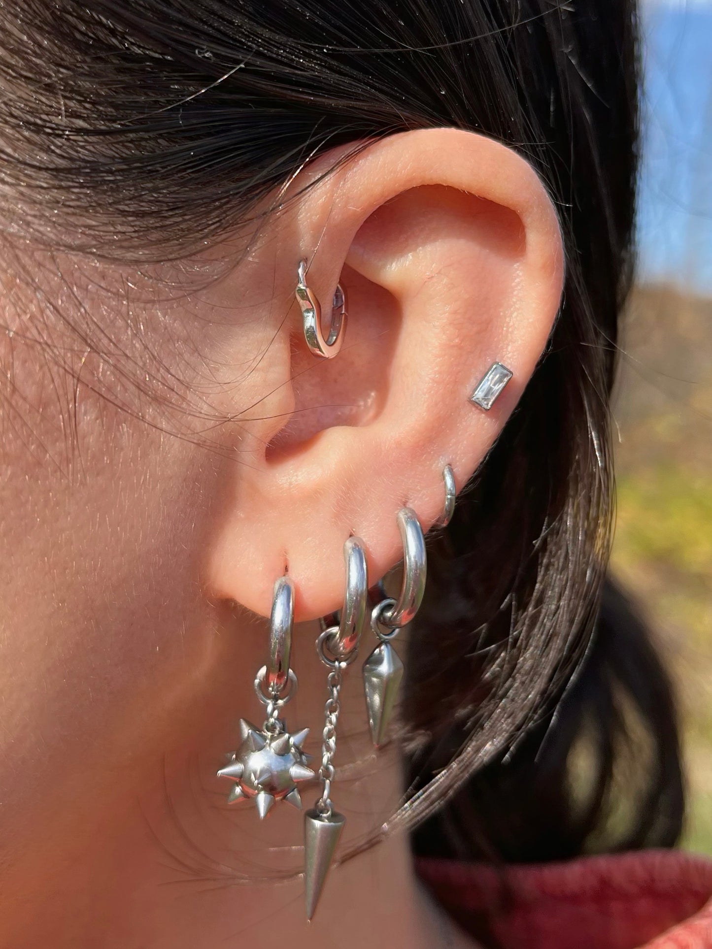 Spiked Ball Dangling Huggie Hoop Earrings - Pair - 316L Stainless Steel