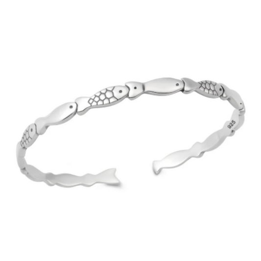 Fish Lined Cuff Bracelet - 925 Sterling Silver