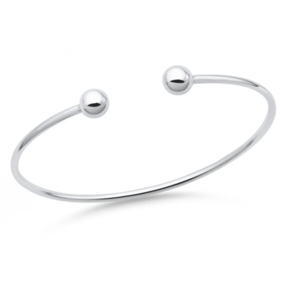 2mm Thick Open Ball End Cuff Bracelet - 925 Sterling Silver