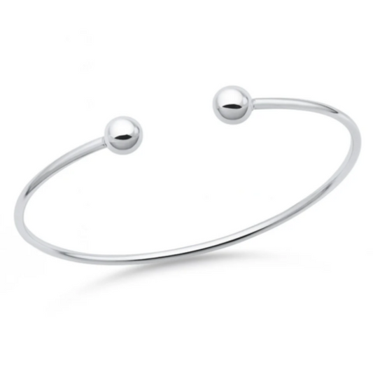 2mm Thick Open Ball End Cuff Bracelet - 925 Sterling Silver
