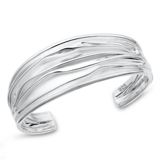 Wavy Design Cuff Bracelet - 925 Sterling Silver