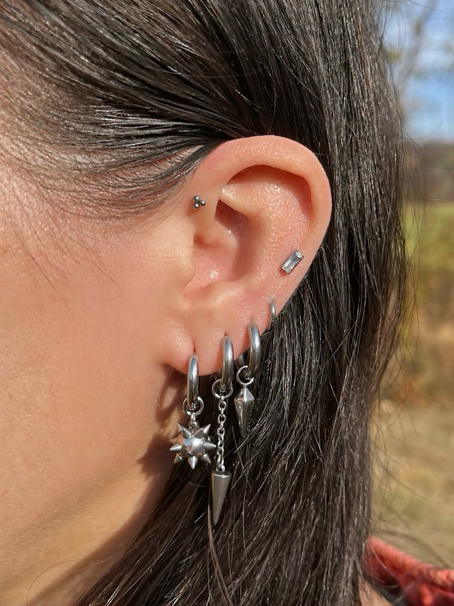 Spiked Ball Dangling Huggie Hoop Earrings - Pair - 316L Stainless Steel