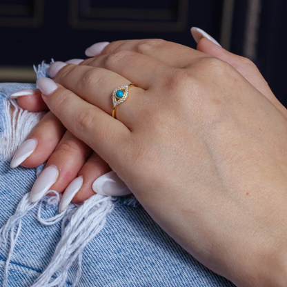 CZ Crystal Evil Eye with Turquoise Bead Ring - 925 Sterling Silver