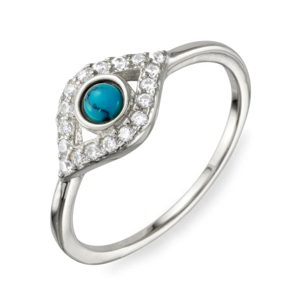 CZ Crystal Evil Eye with Turquoise Bead Ring - 925 Sterling Silver