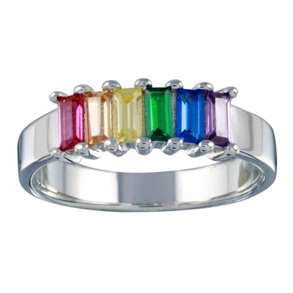 Rainbow CZ Crystal Baguette Lined Ring - Rhodium Plated 925 Sterling Silver