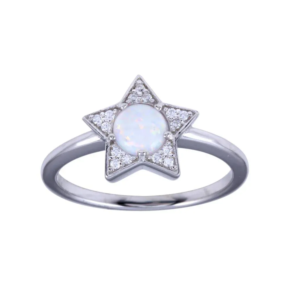 Opalite Center CZ Crystal Star Ring - Rhodium Plated 925 Sterling Silver