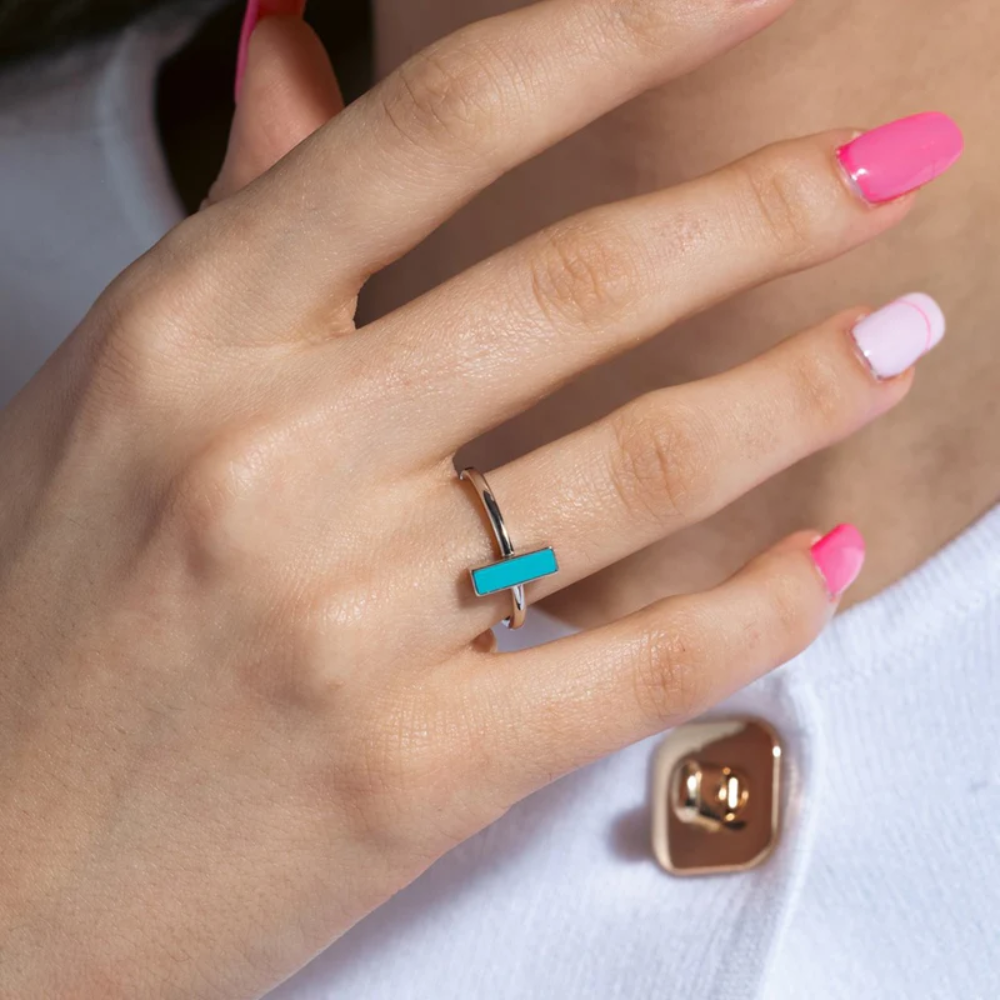 Turquoise Bar Ring - Rhodium Plated 925 Sterling Silver