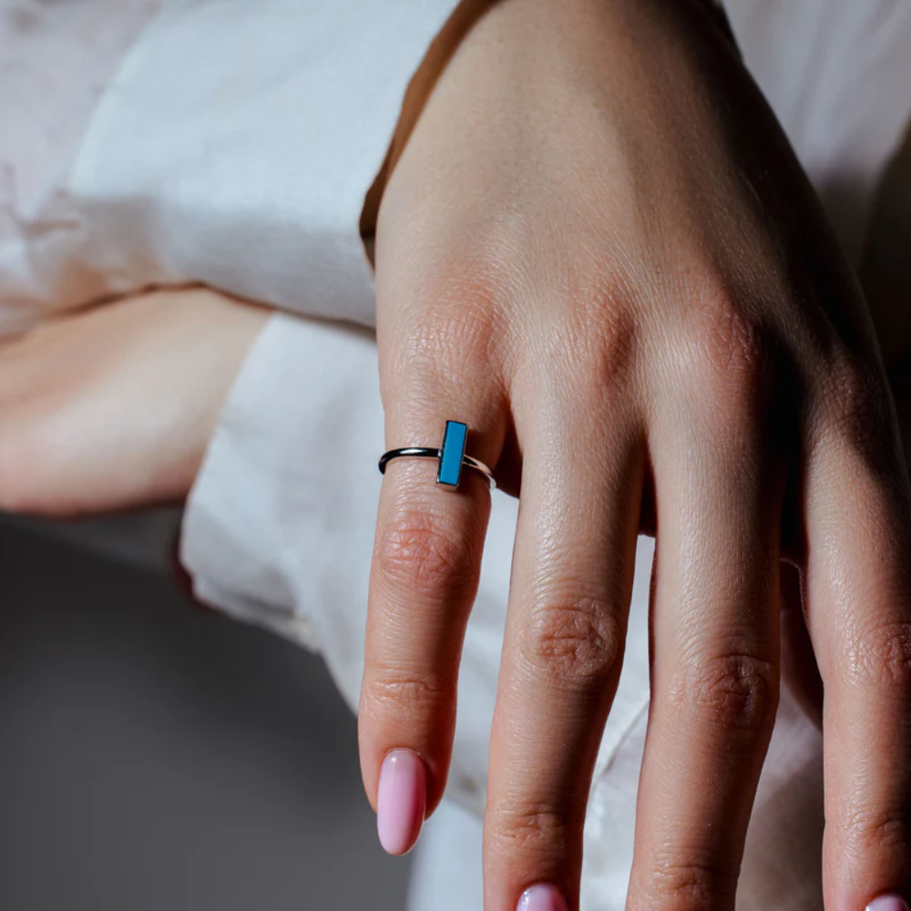 Turquoise Bar Ring - Rhodium Plated 925 Sterling Silver
