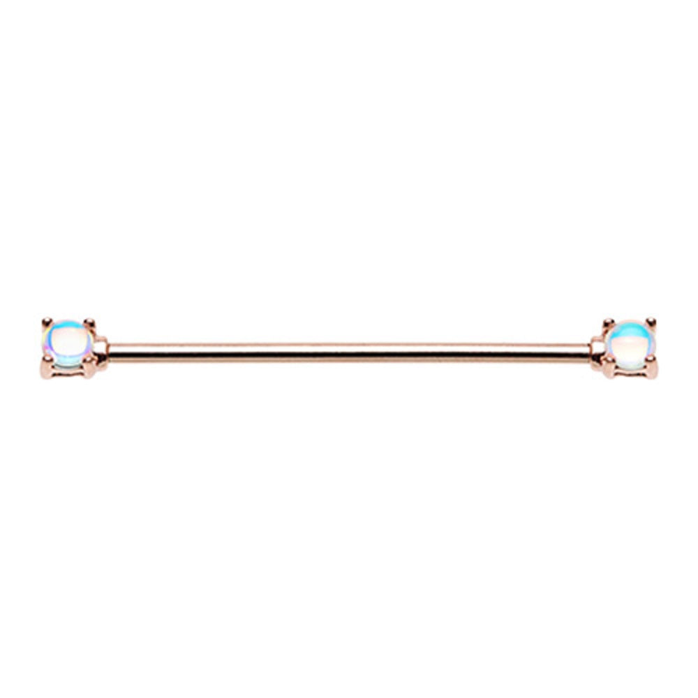 Rose Gold Plated Double Moonstone Prong Set Industrial Barbell - Stainless Steel