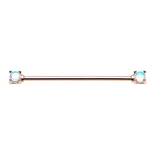 Rose Gold Plated Double Moonstone Prong Set Industrial Barbell - Stainless Steel