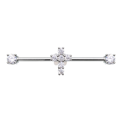 CZ Crystal Cross Industrial Barbell - Stainless Steel