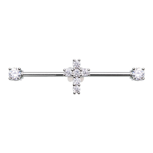 CZ Crystal Cross Industrial Barbell - Stainless Steel