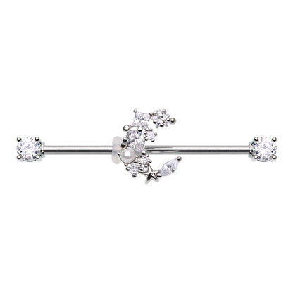 CZ Crystal and Faux Pearl Crescent Moon Industrial Barbell - Stainless Steel