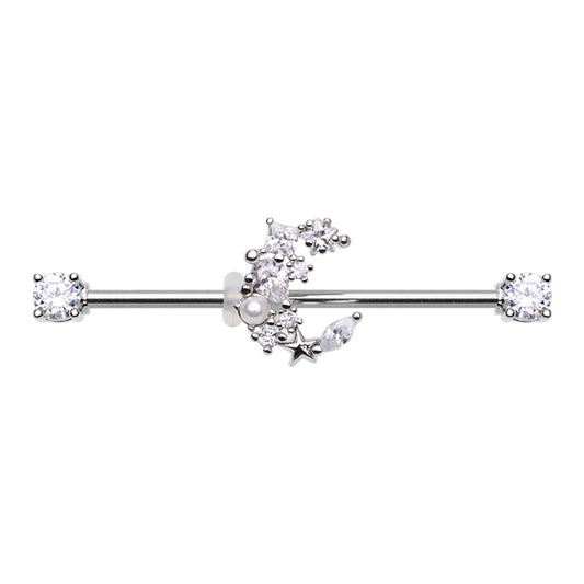 CZ Crystal and Faux Pearl Crescent Moon Industrial Barbell - Stainless Steel