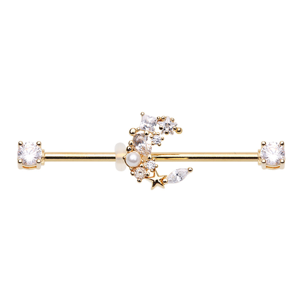 CZ Crystal and Faux Pearl Crescent Moon Industrial Barbell - Stainless Steel