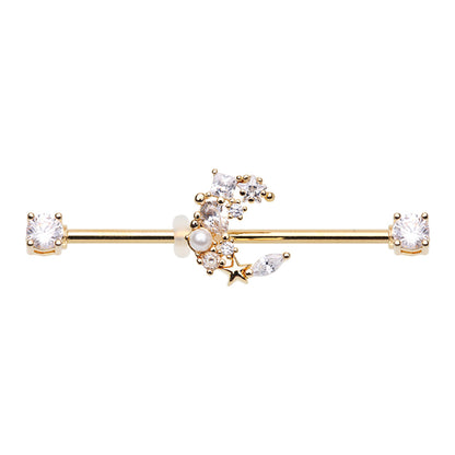 CZ Crystal and Faux Pearl Crescent Moon Industrial Barbell - Stainless Steel