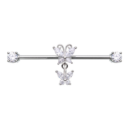 CZ Crystal Dangling Butterfly Industrial Barbell - Stainless Steel