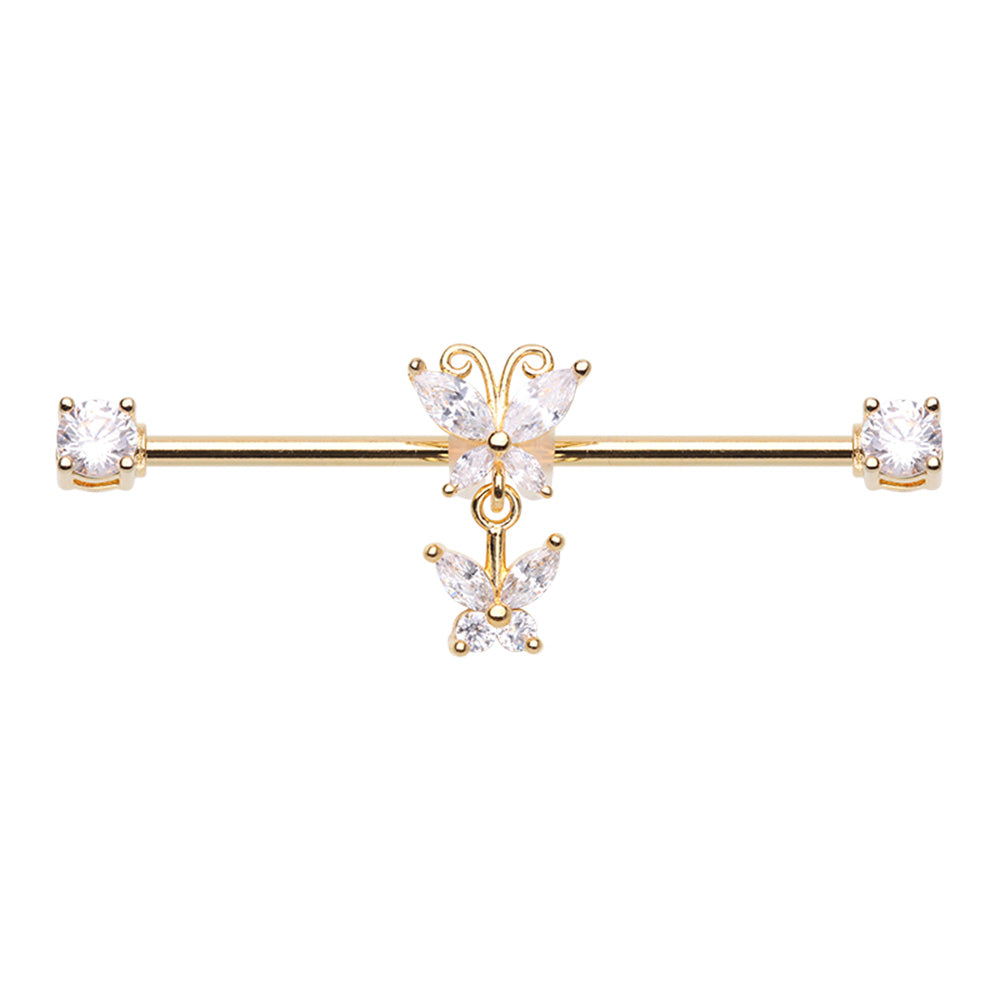 CZ Crystal Dangling Butterfly Industrial Barbell - Stainless Steel