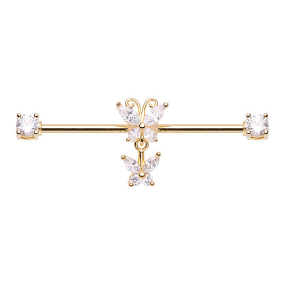 CZ Crystal Dangling Butterfly Industrial Barbell - Stainless Steel