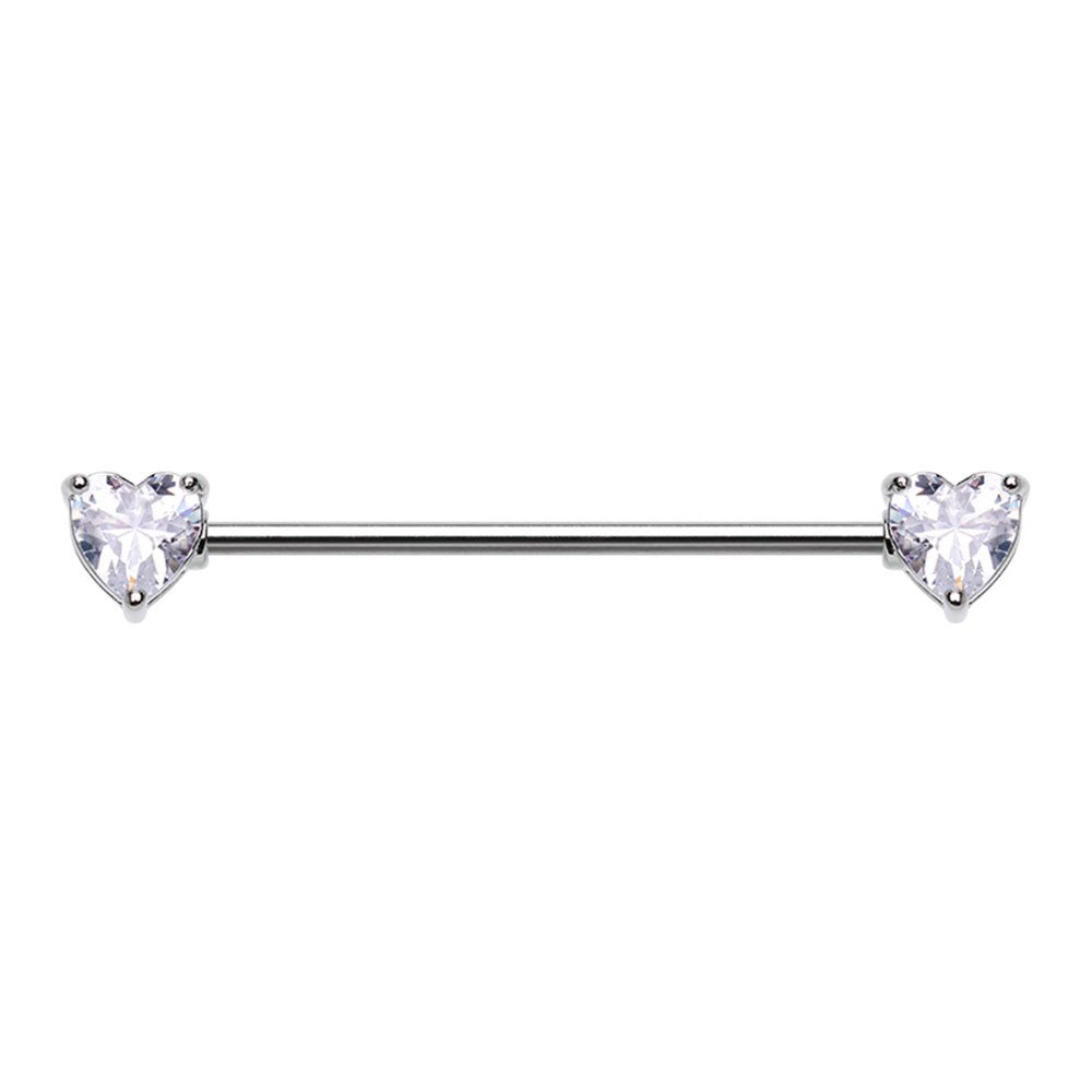 CZ Crystal Heart Ends Industrial Barbell - Stainless Steel