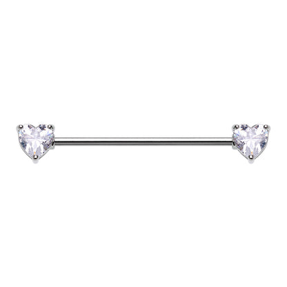 CZ Crystal Heart Ends Industrial Barbell - Stainless Steel