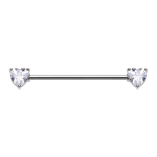 CZ Crystal Heart Ends Industrial Barbell - Stainless Steel