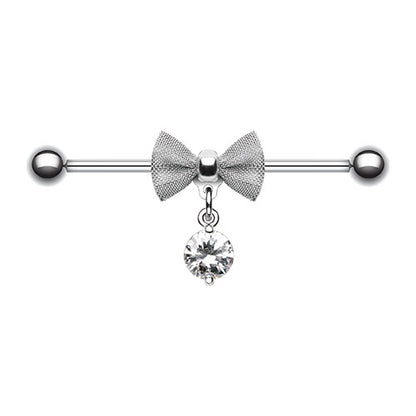 Bow with Dangling CZ Crystal Gem Industrial Barbell - 316L Stainless Steel