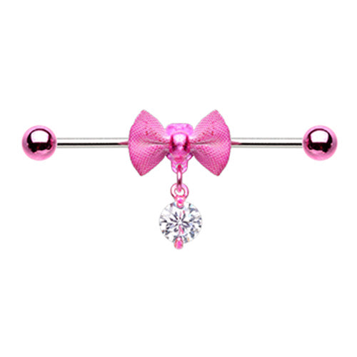 Bow with Dangling CZ Crystal Gem Industrial Barbell - 316L Stainless Steel